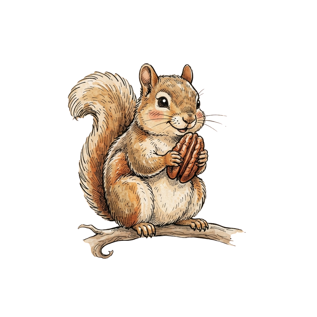 A cartoon squirrel sitting on a branch holding an acorn with its paws