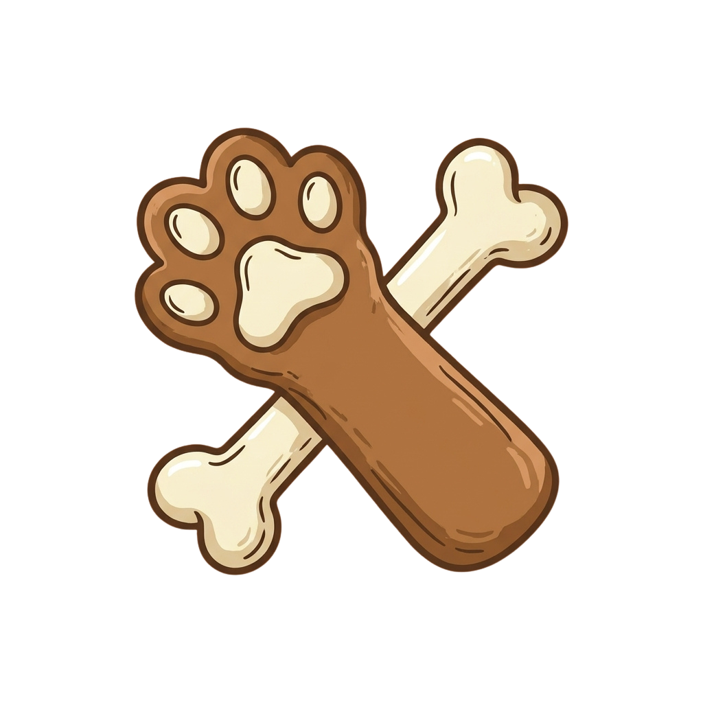 A cartoon-style dog paw print and bone crossed over each other