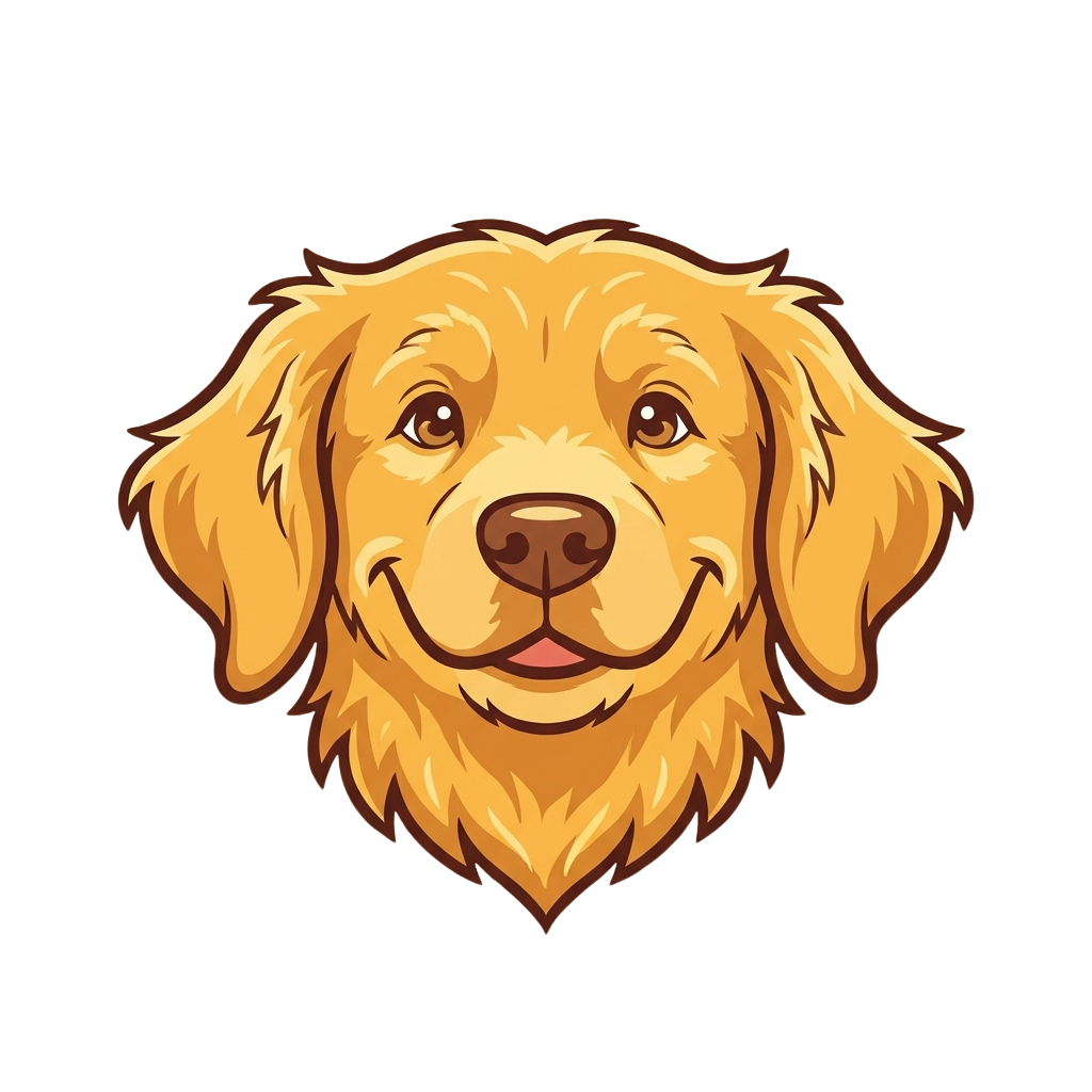 A cheerful cartoon golden retriever dog with fluffy fur and a smiling face