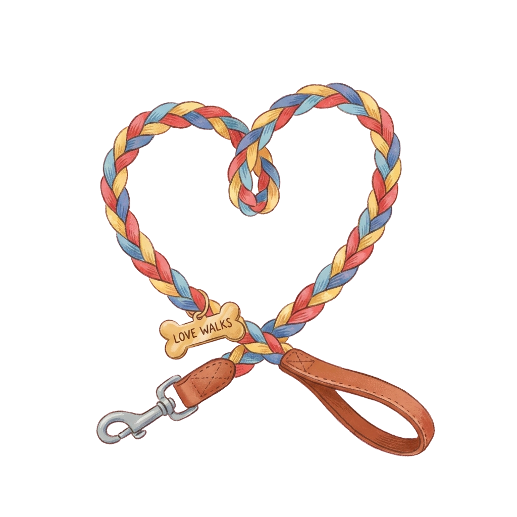Heart-shaped dog leash with braided red, blue, and yellow straps and a bone-shaped tag reading Love Walks