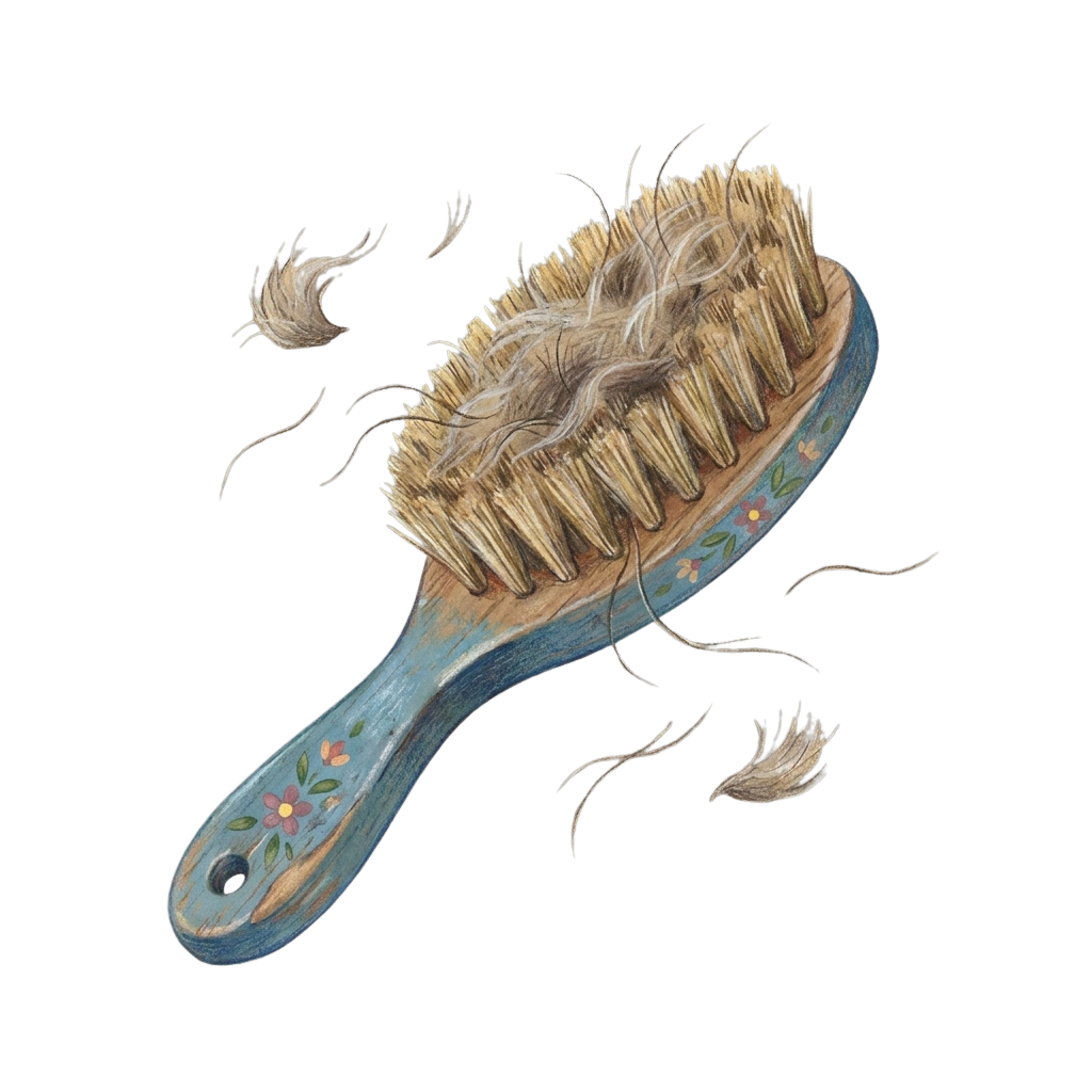 A wooden hairbrush with floral designs releasing strands of hair around it