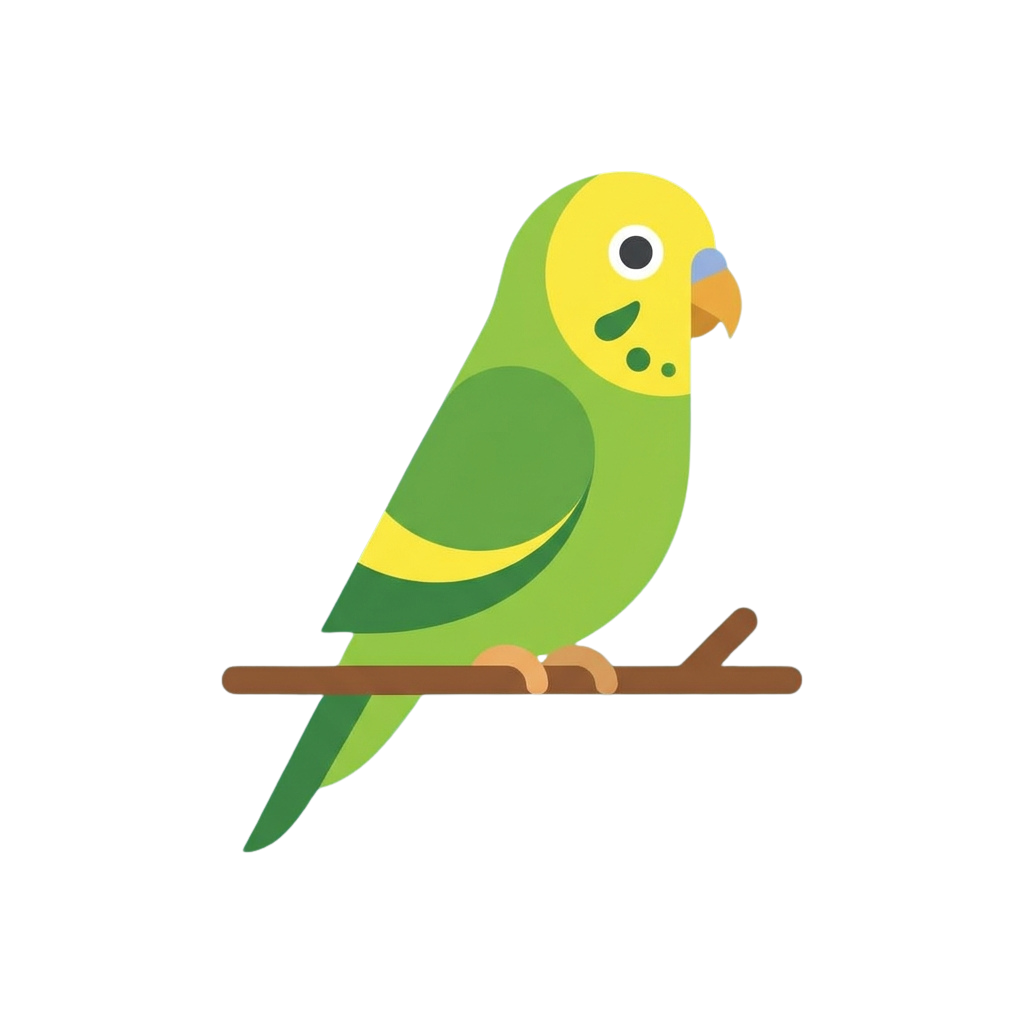 A stylized green and yellow parrot sitting on a brown branch against a black background