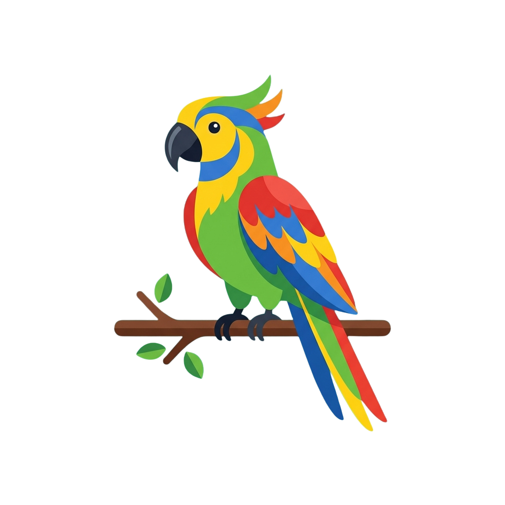 A vibrant cartoon parrot with multicolored feathers sitting on a brown branch with green leaves