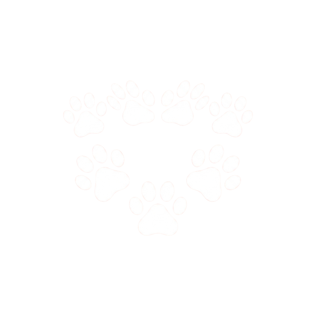 Seven white paw prints arranged in a circular pattern on a black background