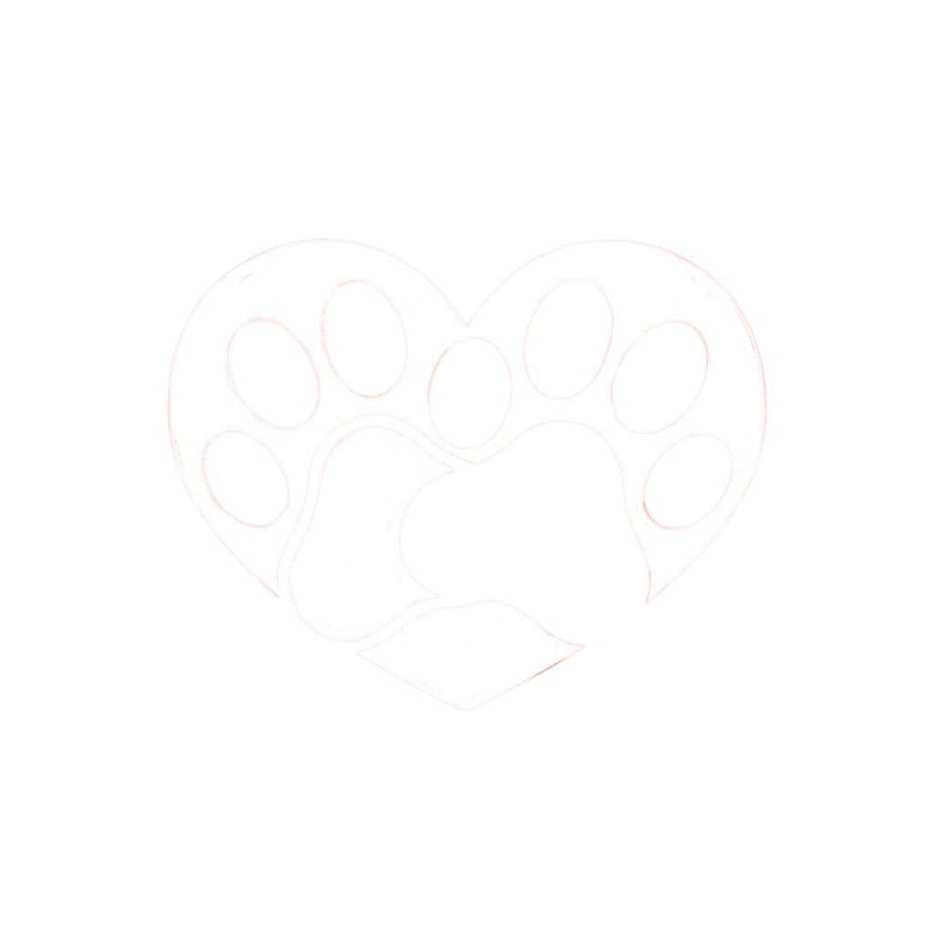 A white heart-shaped outline filled with a stylized dog paw print