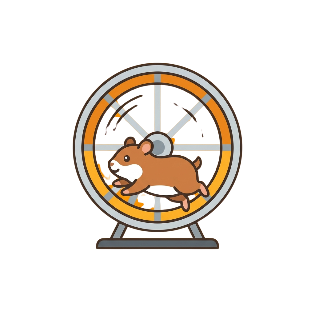 A cartoon hamster running inside an orange and gray exercise wheel