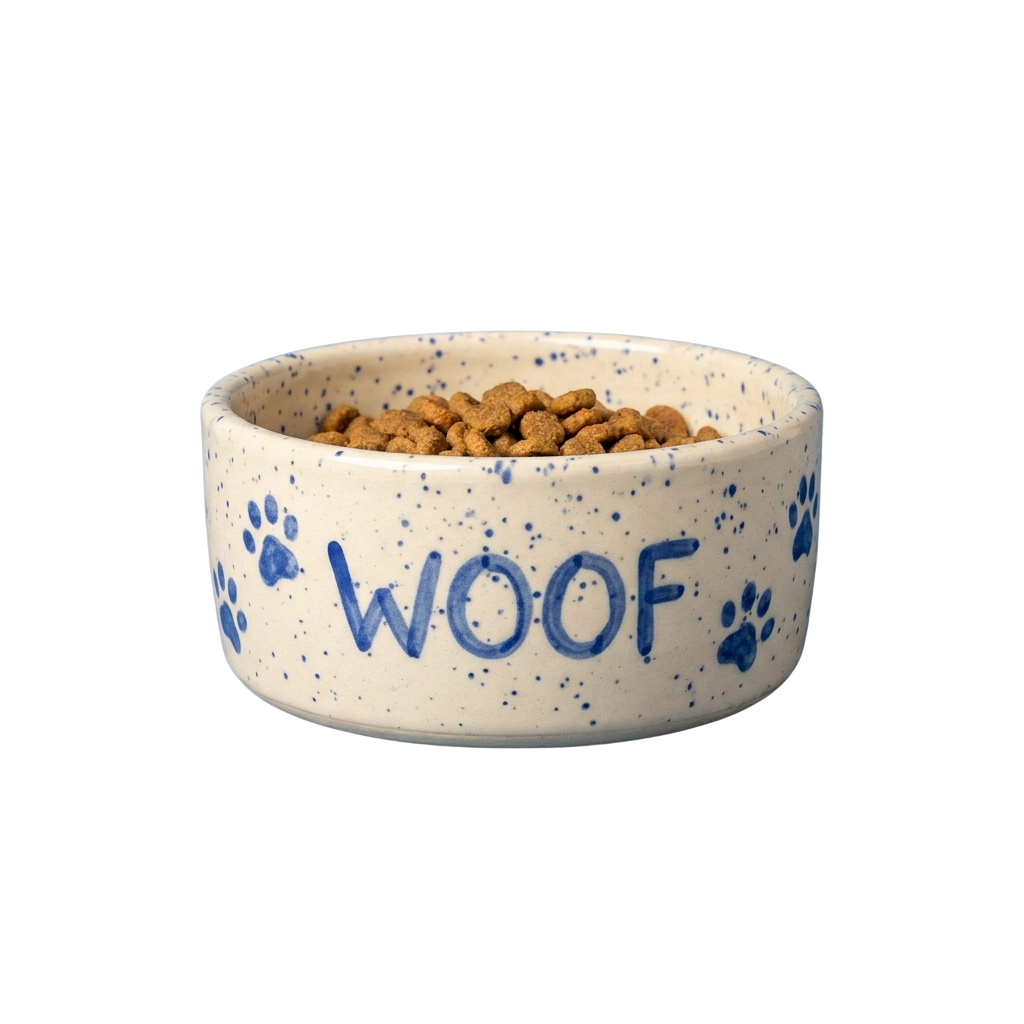 Ceramic dog bowl with blue paw prints and the word WOOF, filled with dog kibble