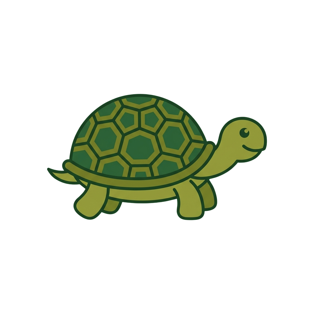 A cheerful green cartoon tortoise with a textured shell walking forward