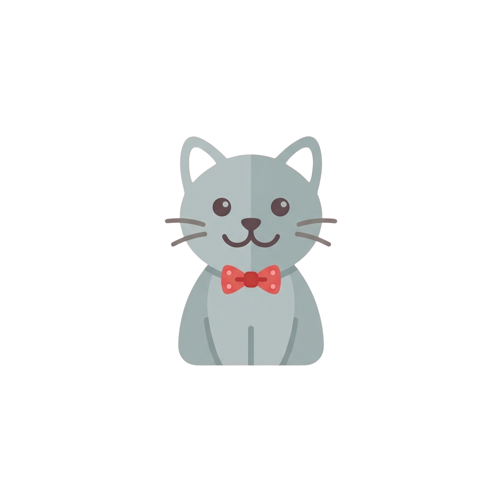 Gray cartoon cat sitting and wearing a red bow tie