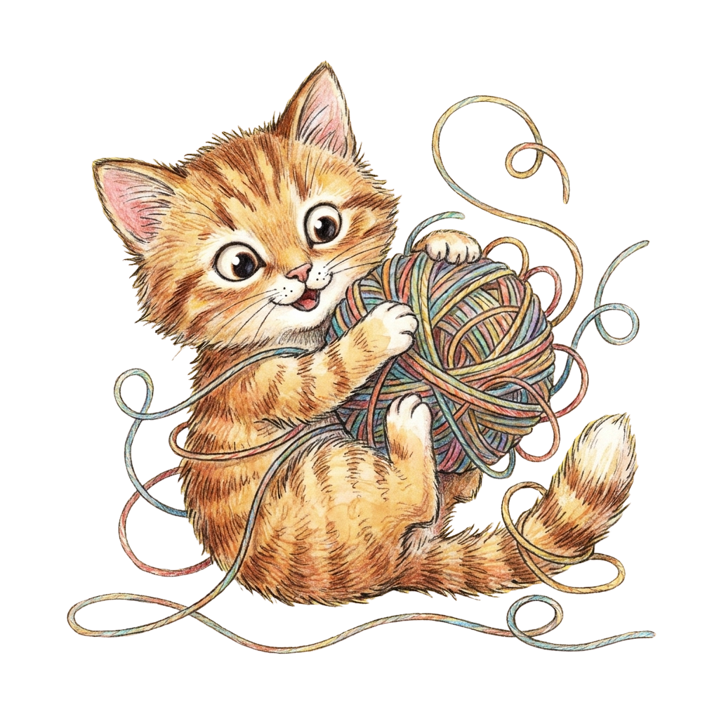 A small ginger kitten holding and playing with a colorful ball of yarn