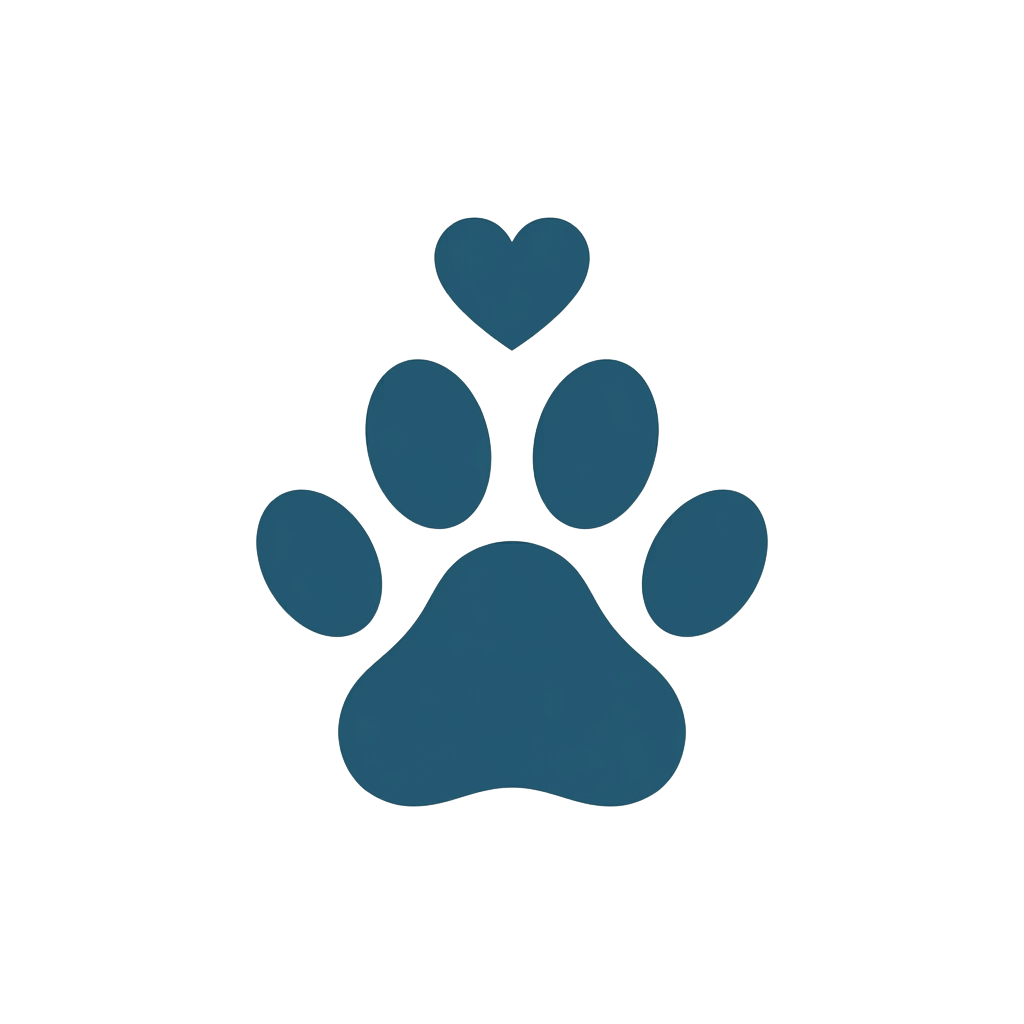 A stylized blue paw print with a small heart on top against a black background