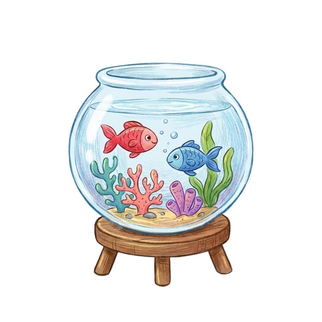 Illustration of a glass fishbowl with two fish, coral, and green plants on a wooden stand