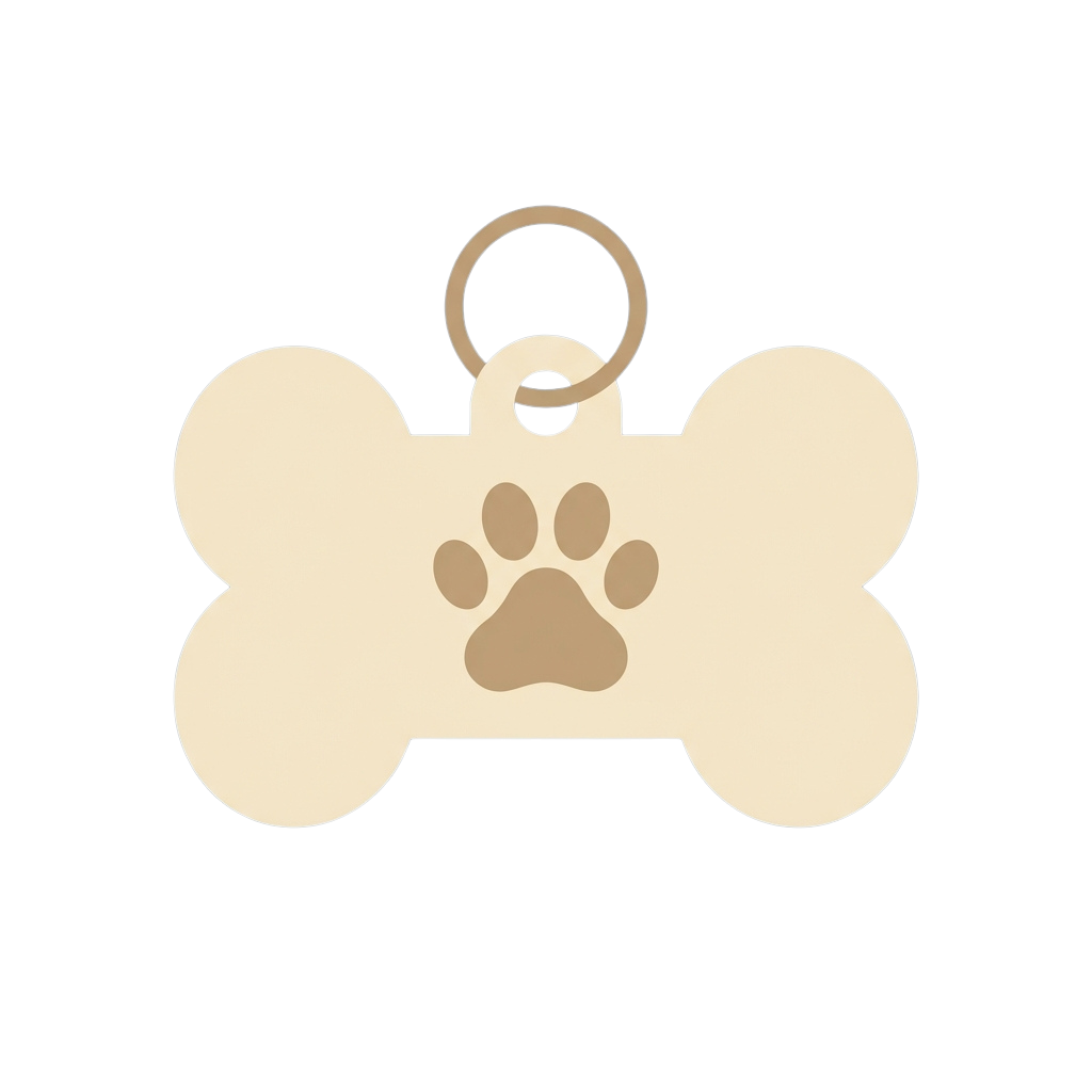 Bone-shaped dog tag featuring a paw print in the center and a ring at the top for attachment
