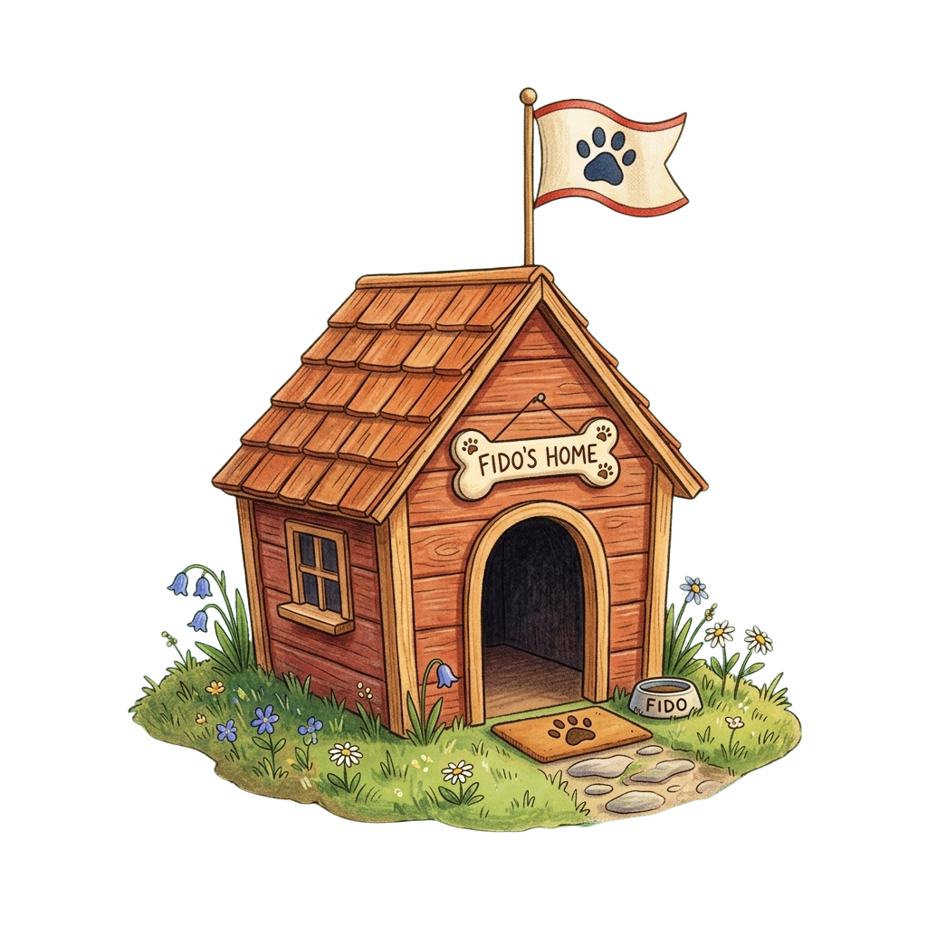 Illustration of a wooden doghouse labeled Fidos Home with a paw print flag and small garden