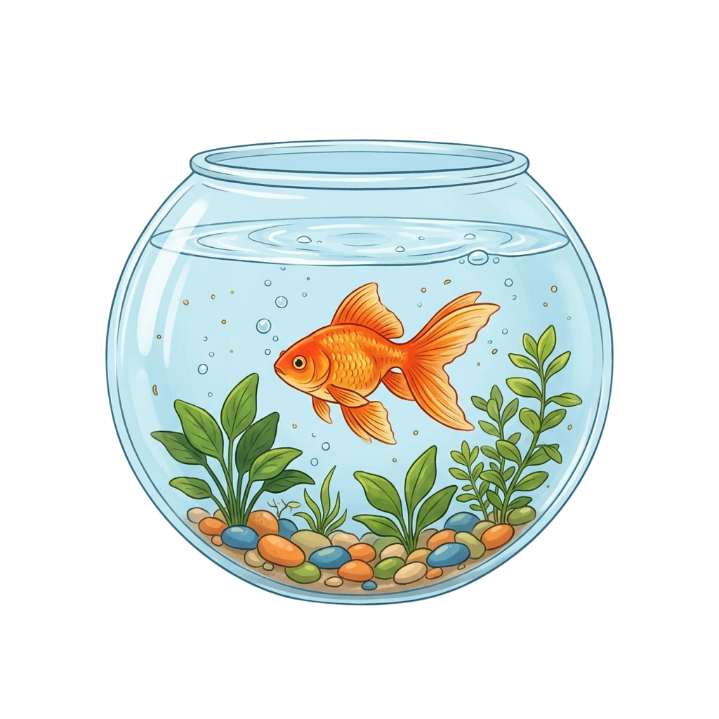 A round fishbowl containing an orange fish, green aquatic plants, and colorful pebbles