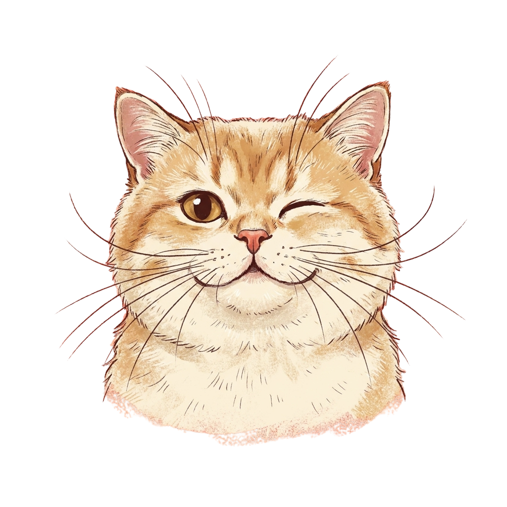 A watercolor-style illustration of a light tan cat winking with a soft expression against a black background