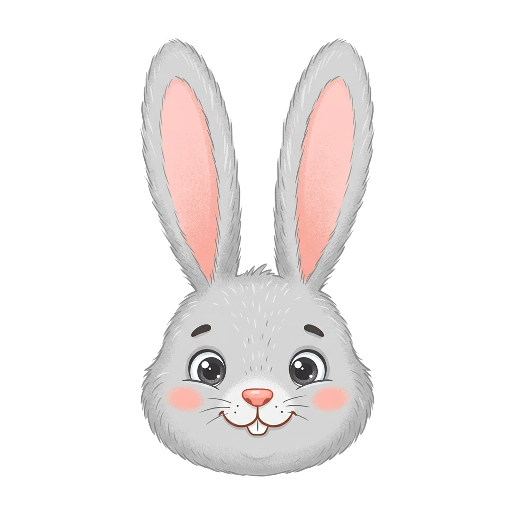 A friendly cartoon rabbit with large ears, white fur, pink inner ears, and a smiling face