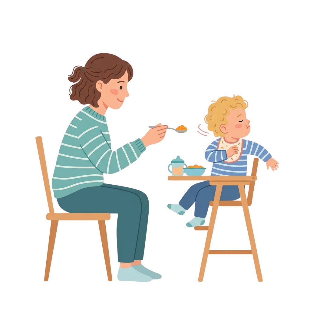 A woman feeding a toddler with a spoon at a small table, both seated.