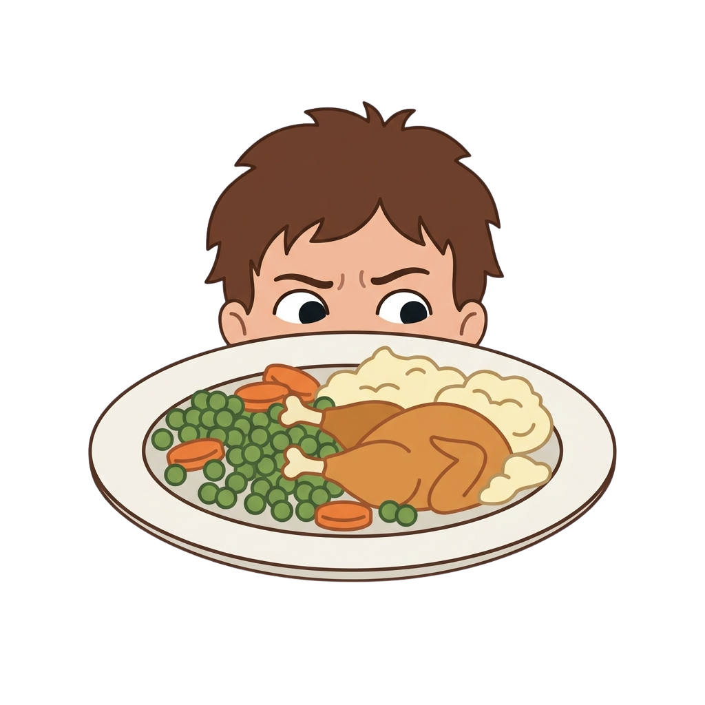 A cartoon child peeking over a plate of Thanksgiving dinner with turkey, peas, carrots, and mashed potatoes.
