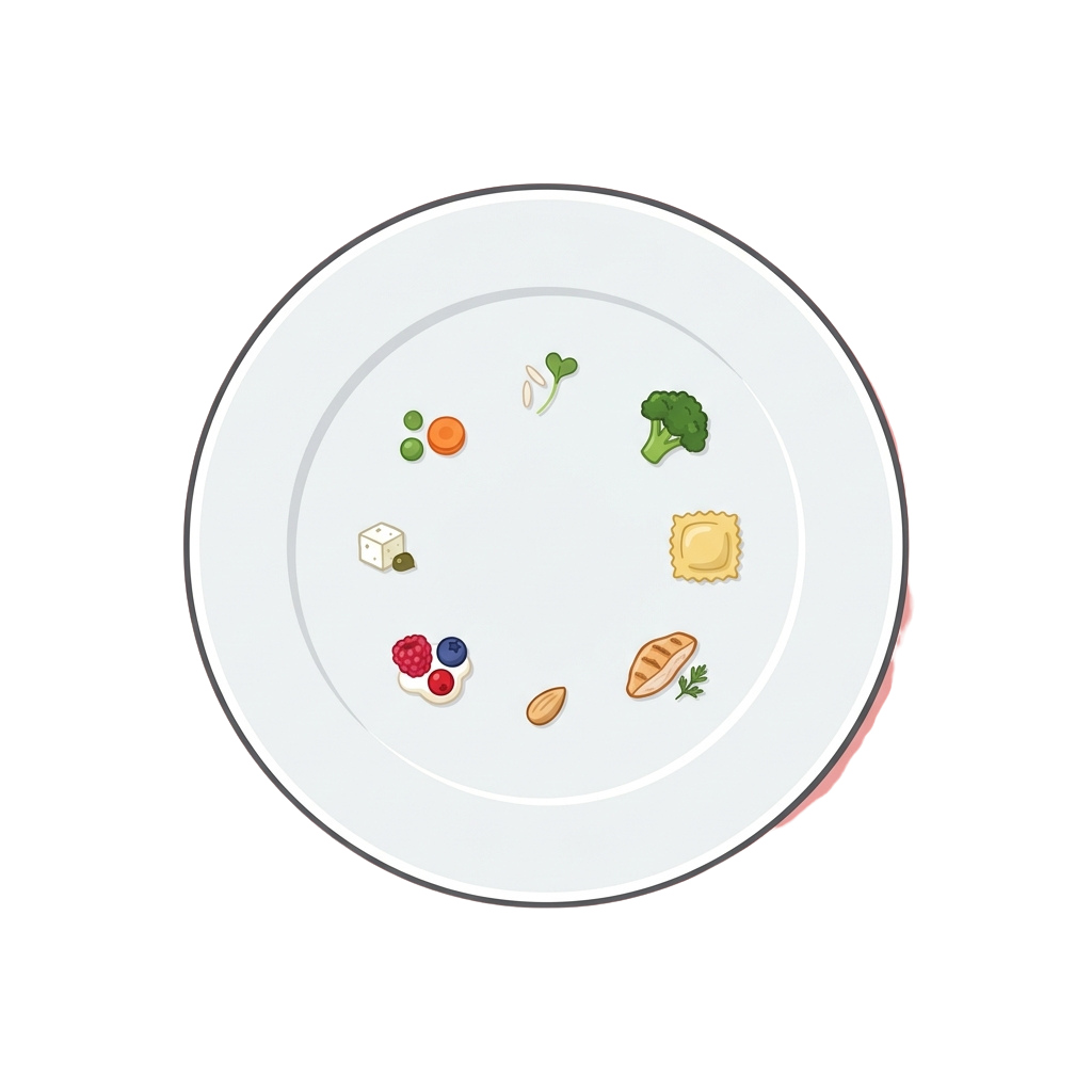 White plate with assorted healthy food items including broccoli, nuts, berries, crackers, cheese, and grains