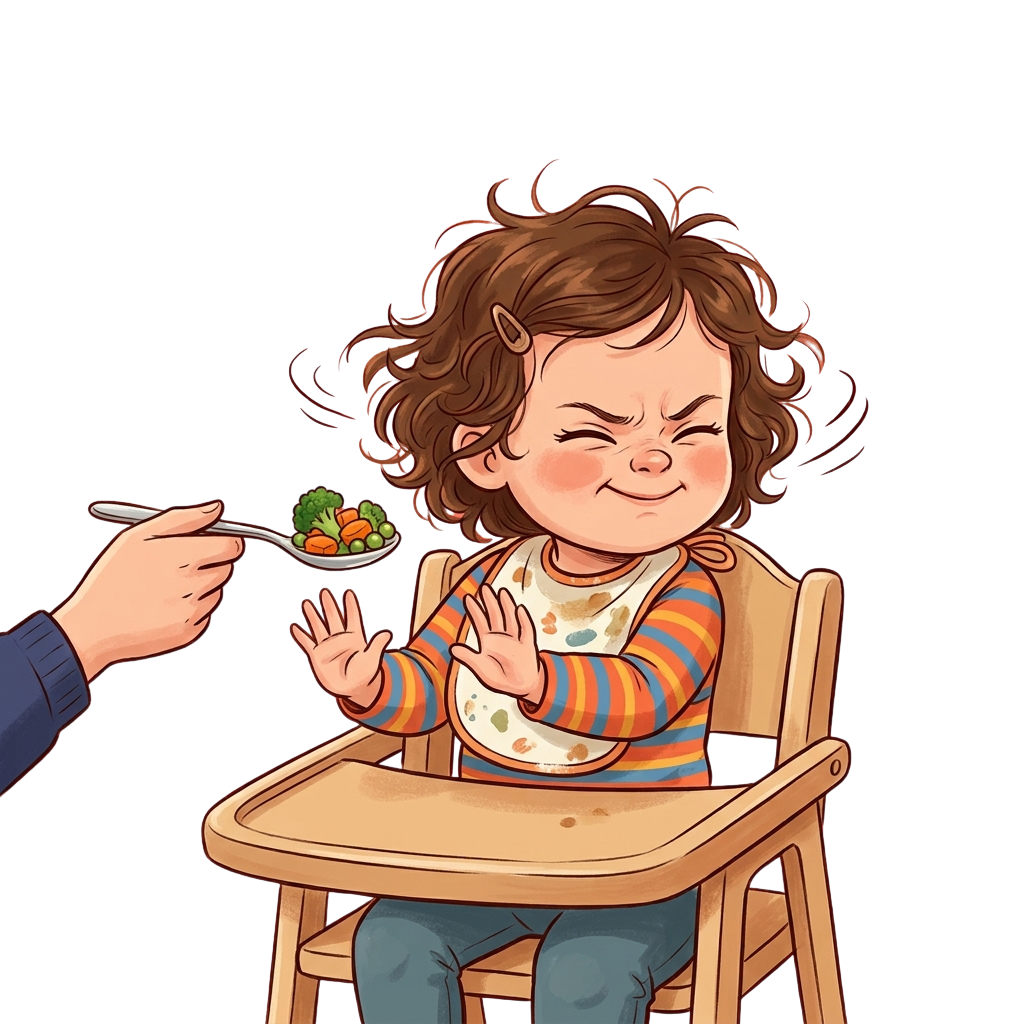 A young child sitting in a high chair, pushing away a spoonful of vegetables with a playful expression