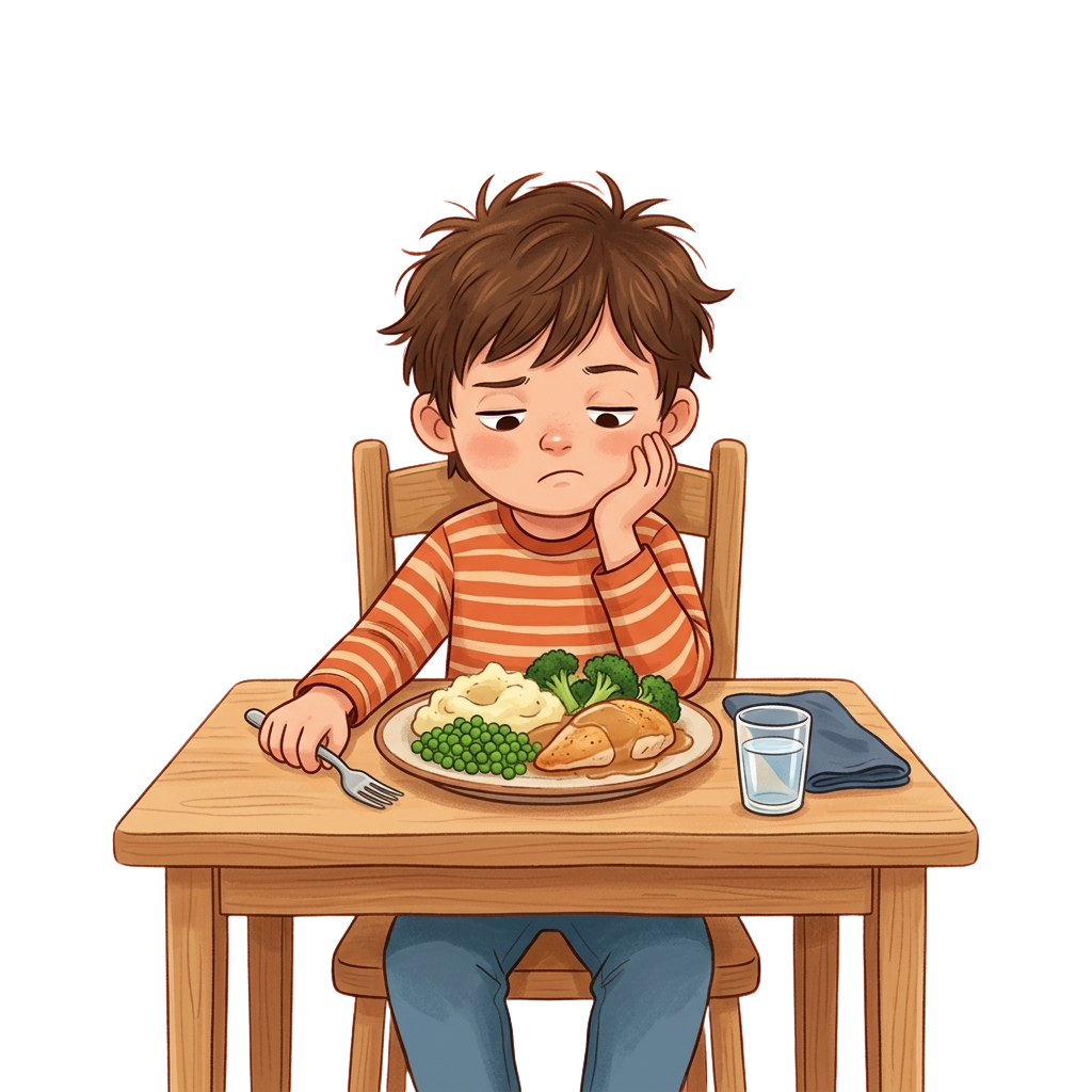 A young boy sitting at a table looking unhappy with a plate of food including chicken, broccoli, and peas