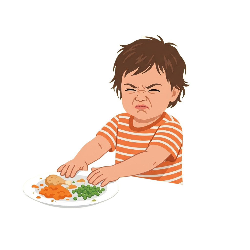 Upset child pushing away a plate with mashed potatoes, carrots, and peas