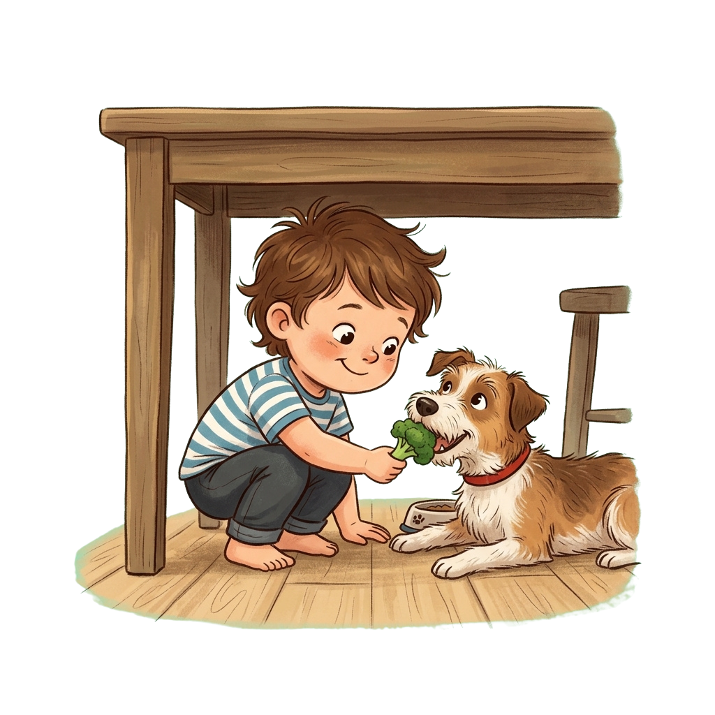 A young child offers a piece of broccoli to a small dog sitting under a wooden table.