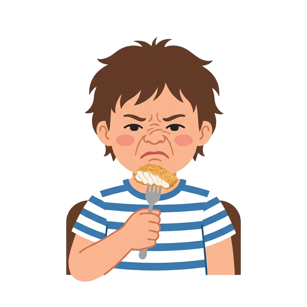 Illustration of a child holding a fork with food, looking unhappy and frowning