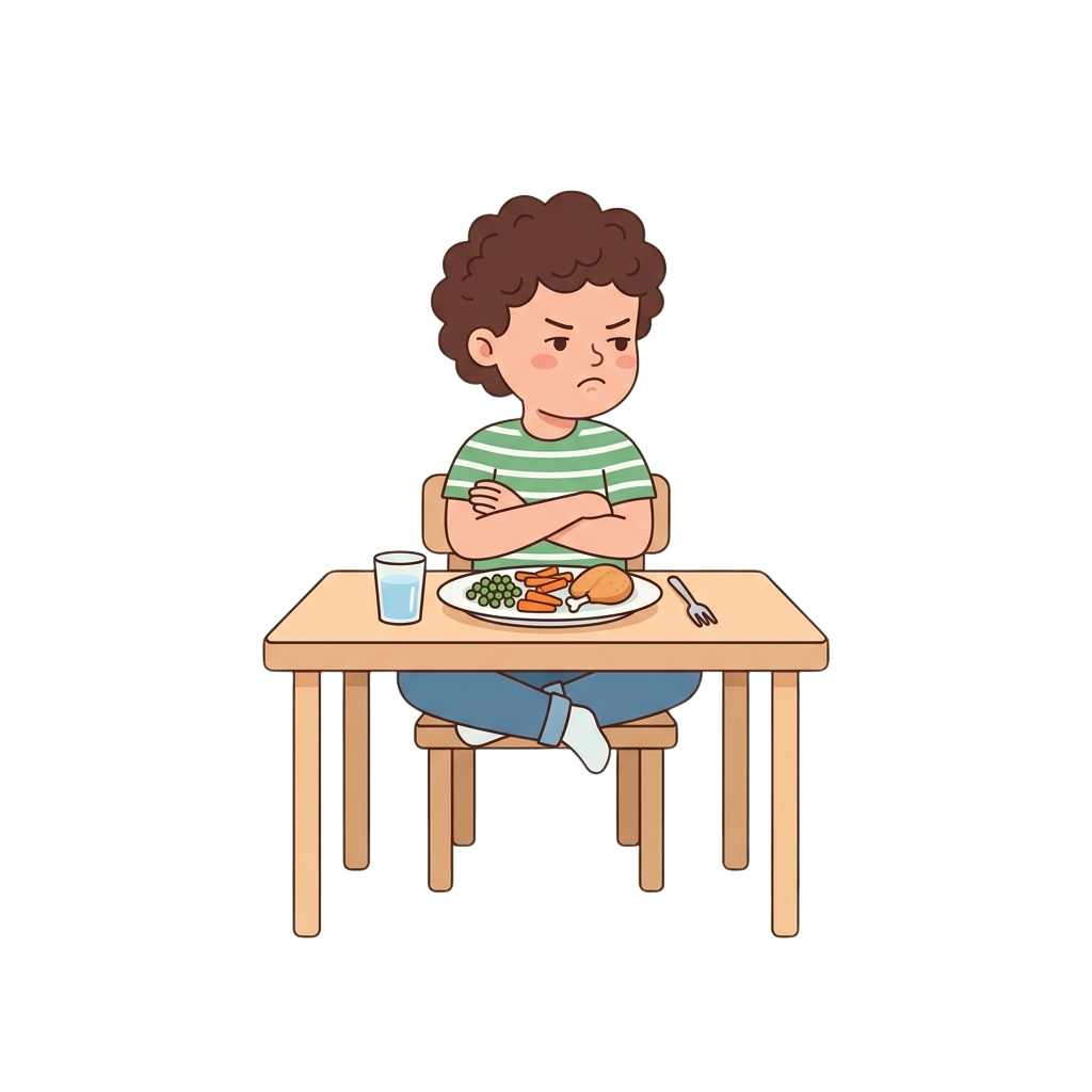 A child sitting at a table with crossed arms, looking unhappy while a plate of food sits in front of them.