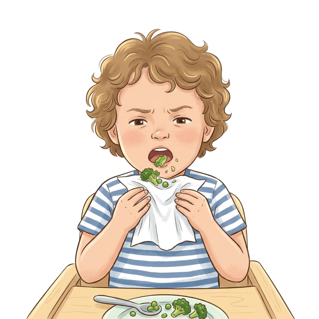 A young child with a surprised and unhappy expression while eating broccoli at a high chair.