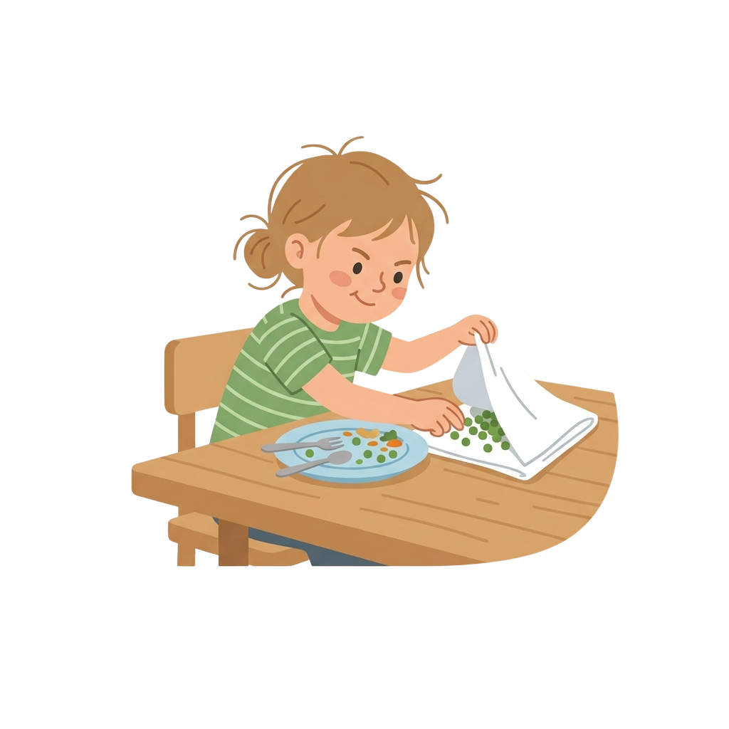 A young child sitting at a table eating green peas from a plate with a fork and napkin.