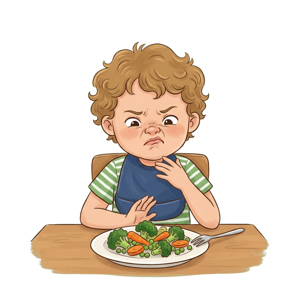 Young child sitting at a table looking unhappy with a plate of vegetables in front of them