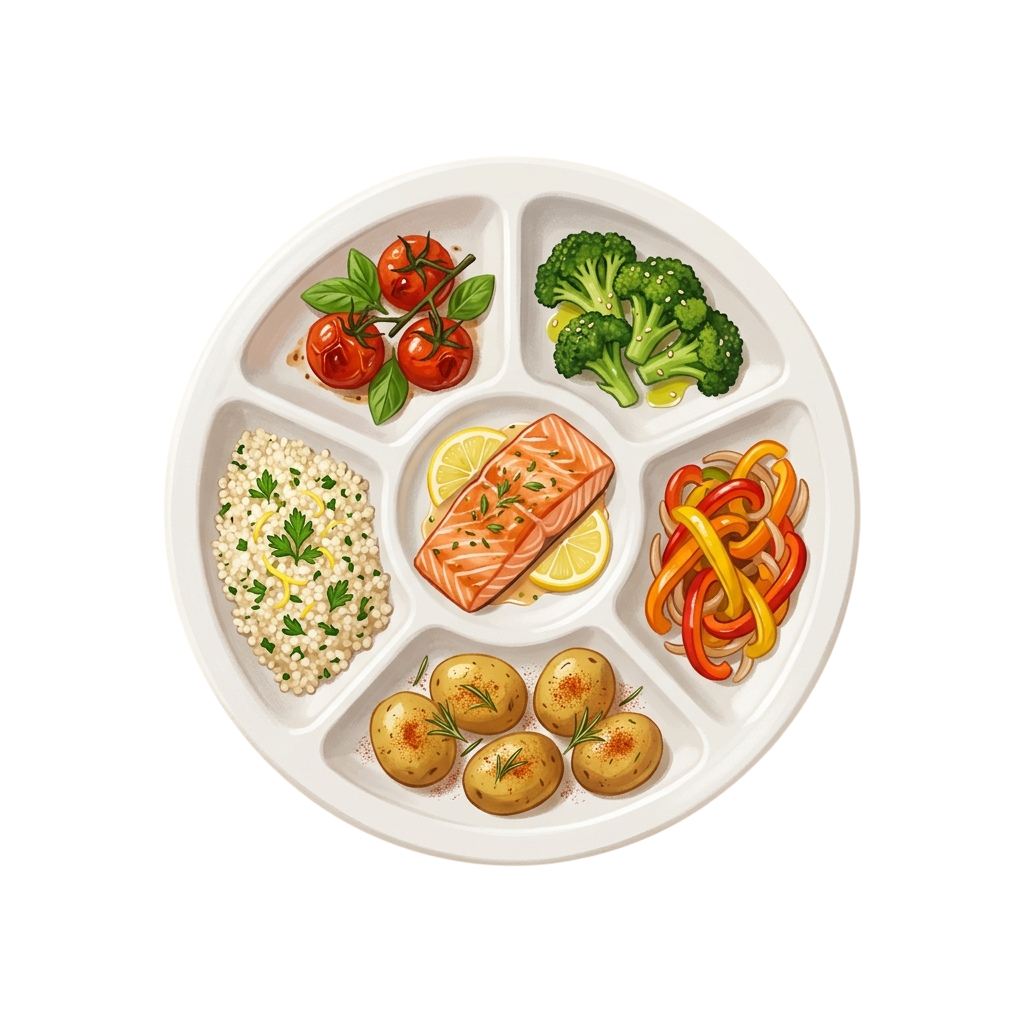 A divided plate featuring grilled salmon, cherry tomatoes, broccoli, roasted potatoes, couscous, and stir-fried bell peppers
