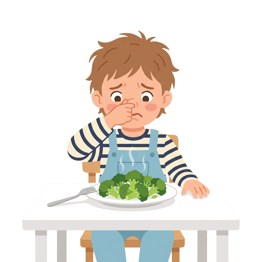 Young child covering nose while sitting at a table with a plate of broccoli