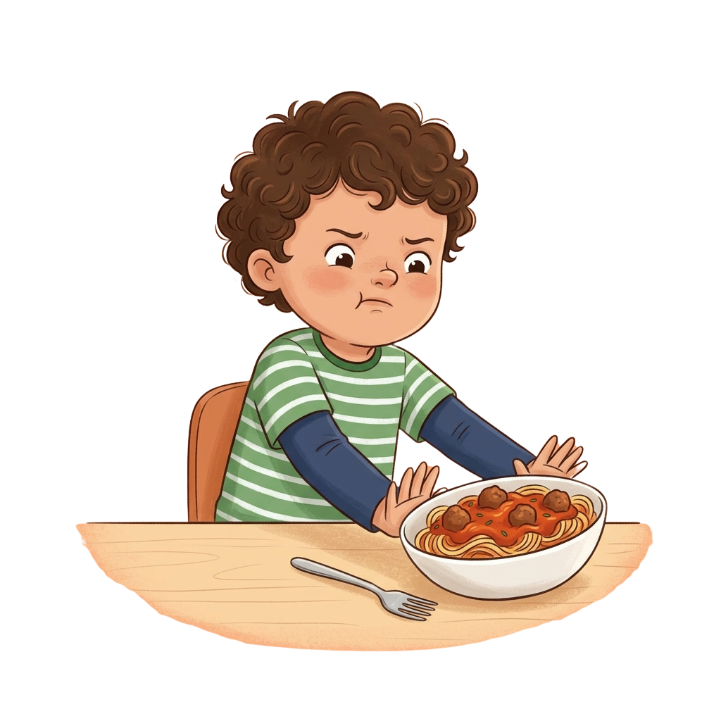 A young boy sitting at a table pushing away a bowl of spaghetti with a fork, looking frustrated.