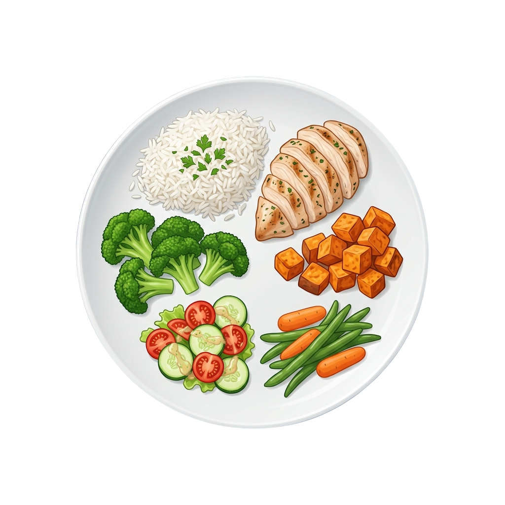 A white plate with grilled chicken, roasted sweet potatoes, steamed broccoli, rice, sliced cucumber, tomato, green beans, and carrots
