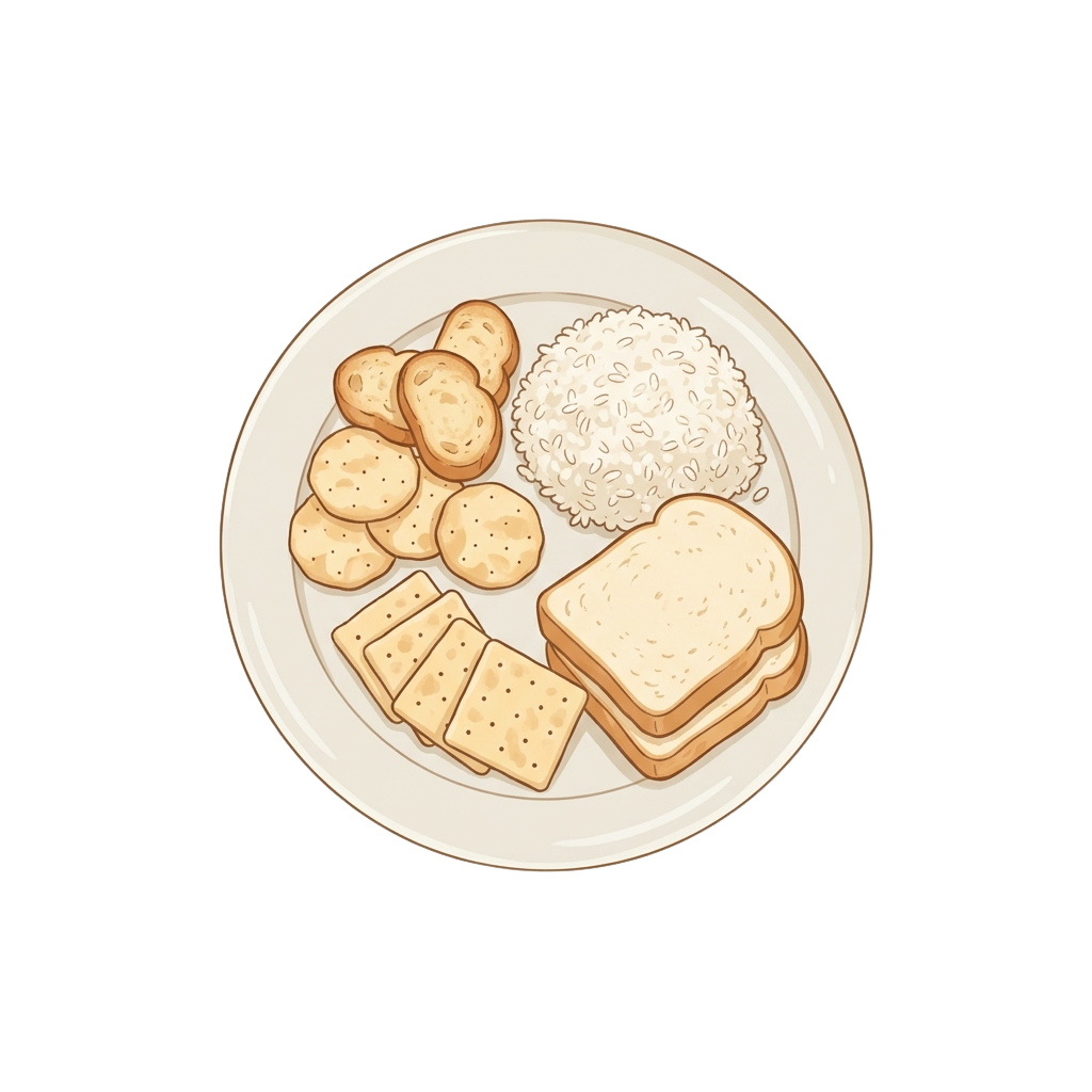 White plate with crackers, sliced bread, and a mound of white rice