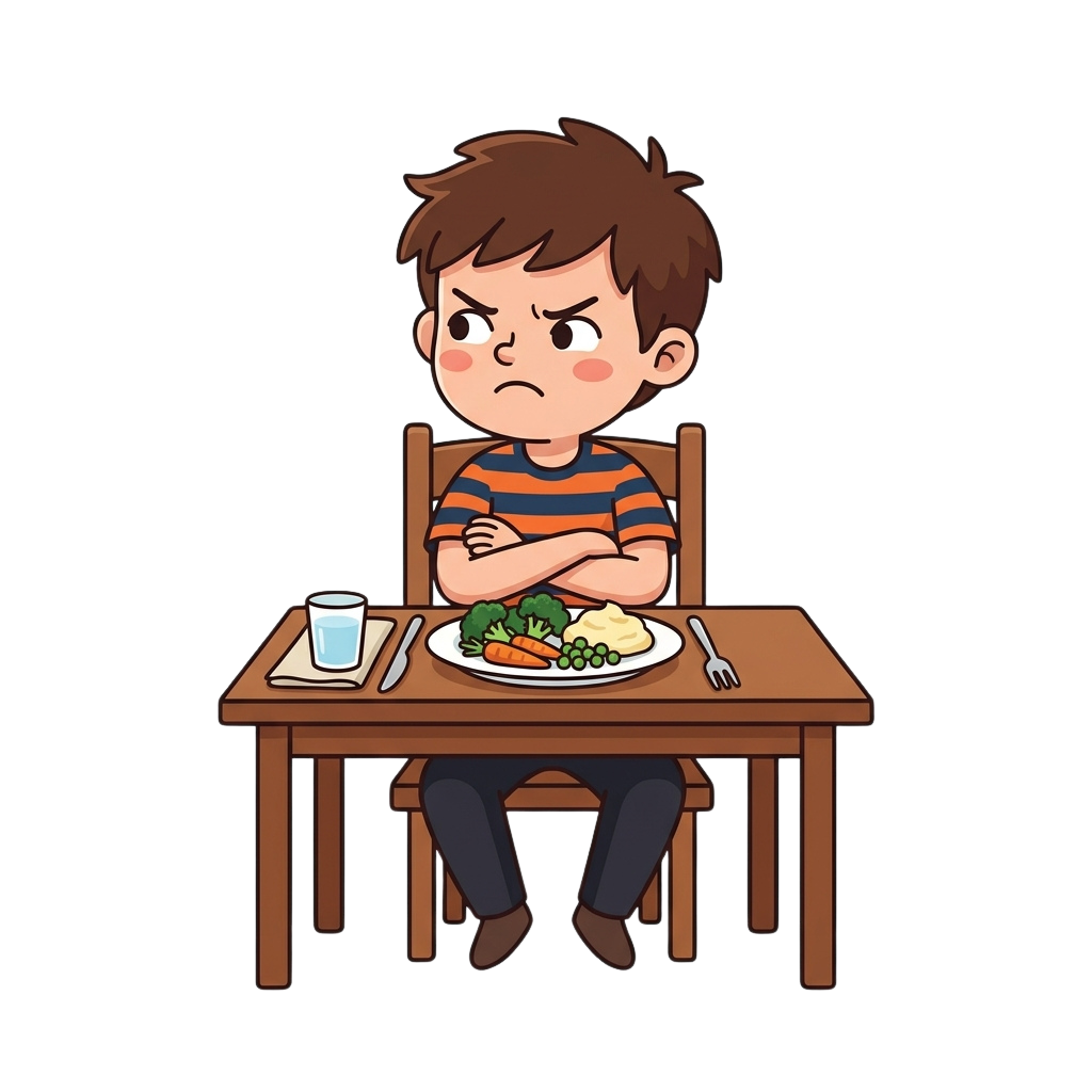 A child sitting at a table with crossed arms looking upset at a plate of vegetables and rice