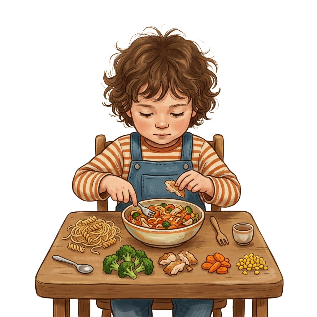 A young child in overalls eating a bowl of pasta with vegetables at a wooden table.