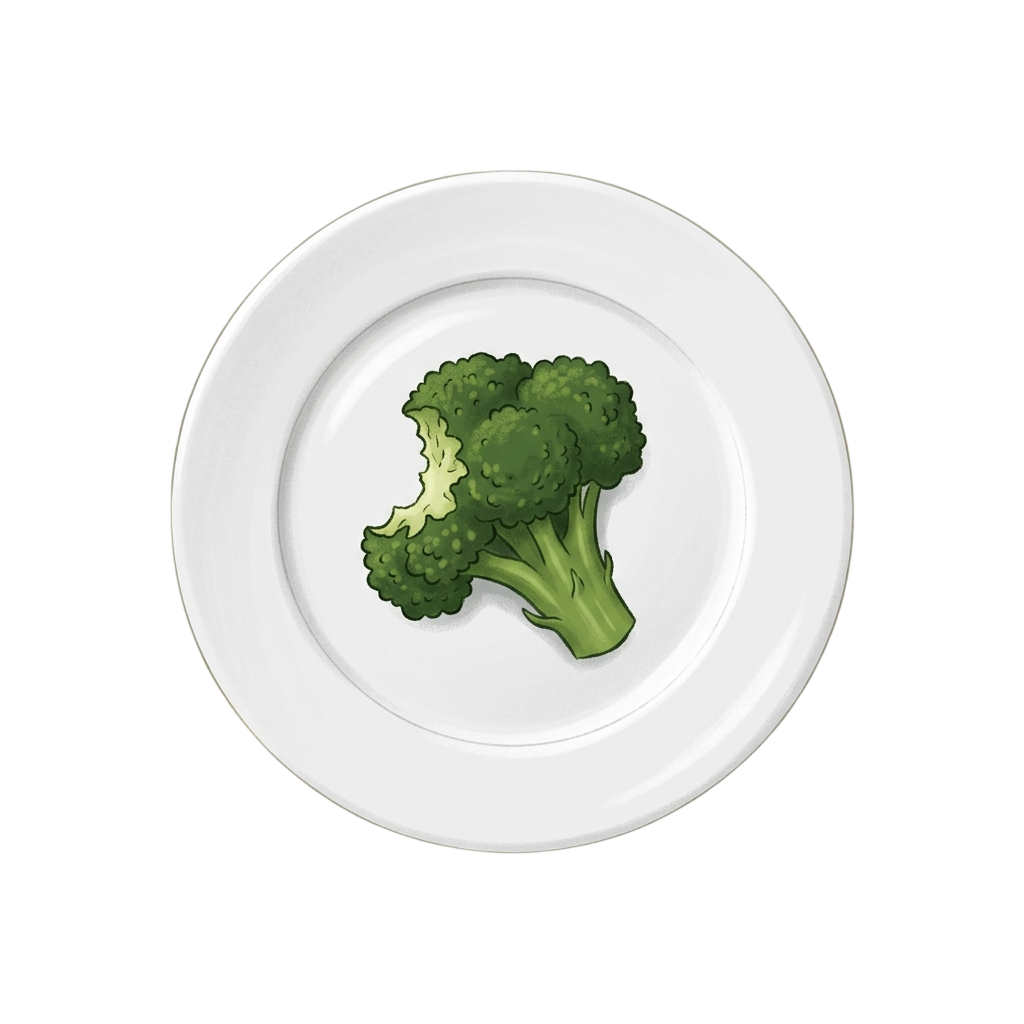 A single piece of bright green broccoli on a white plate against a black background