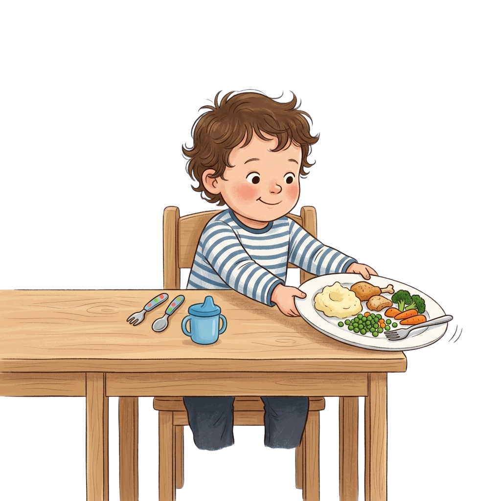 A smiling child sitting at a small wooden table holding a plate of balanced meal with vegetables, meat, and potatoes.