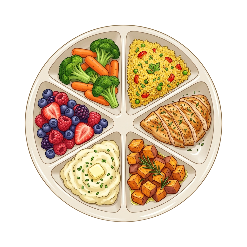 A divided plate showing a balanced vegetarian meal with vegetables, fruit, grains, protein, and dairy