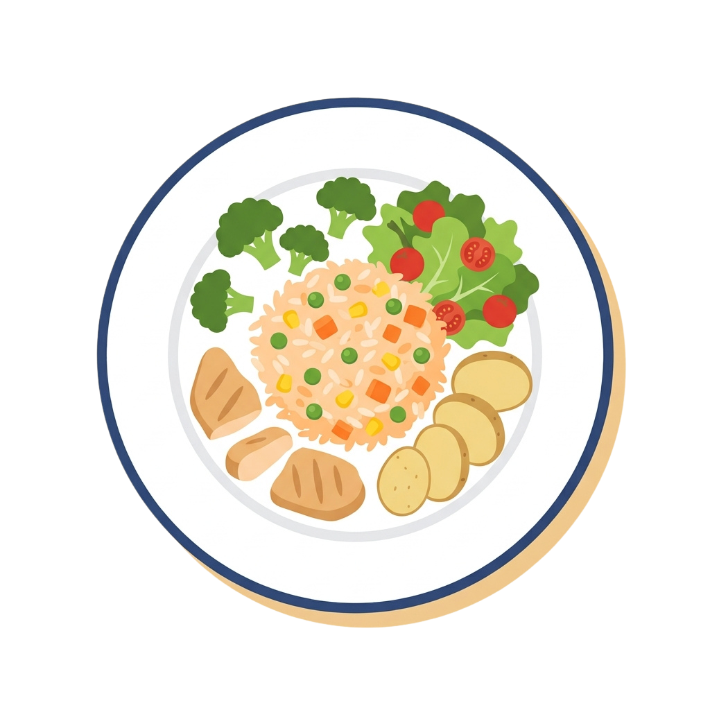 A plate of mixed vegetables, rice with small veggie pieces, roasted potatoes, and grilled bread