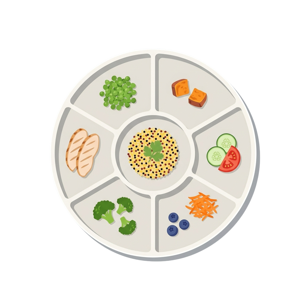 A circular plate divided into sections showing different food groups including grains, vegetables, fruits, protein, and dairy