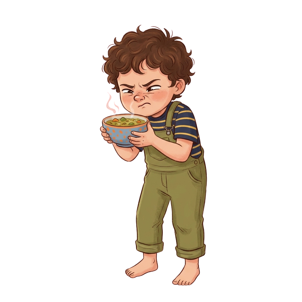 A cartoon child holding a bowl of steaming soup while making a displeased face