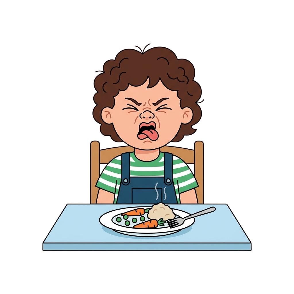 Upset child sitting at a table with a plate of mixed vegetables and meat, looking frustrated