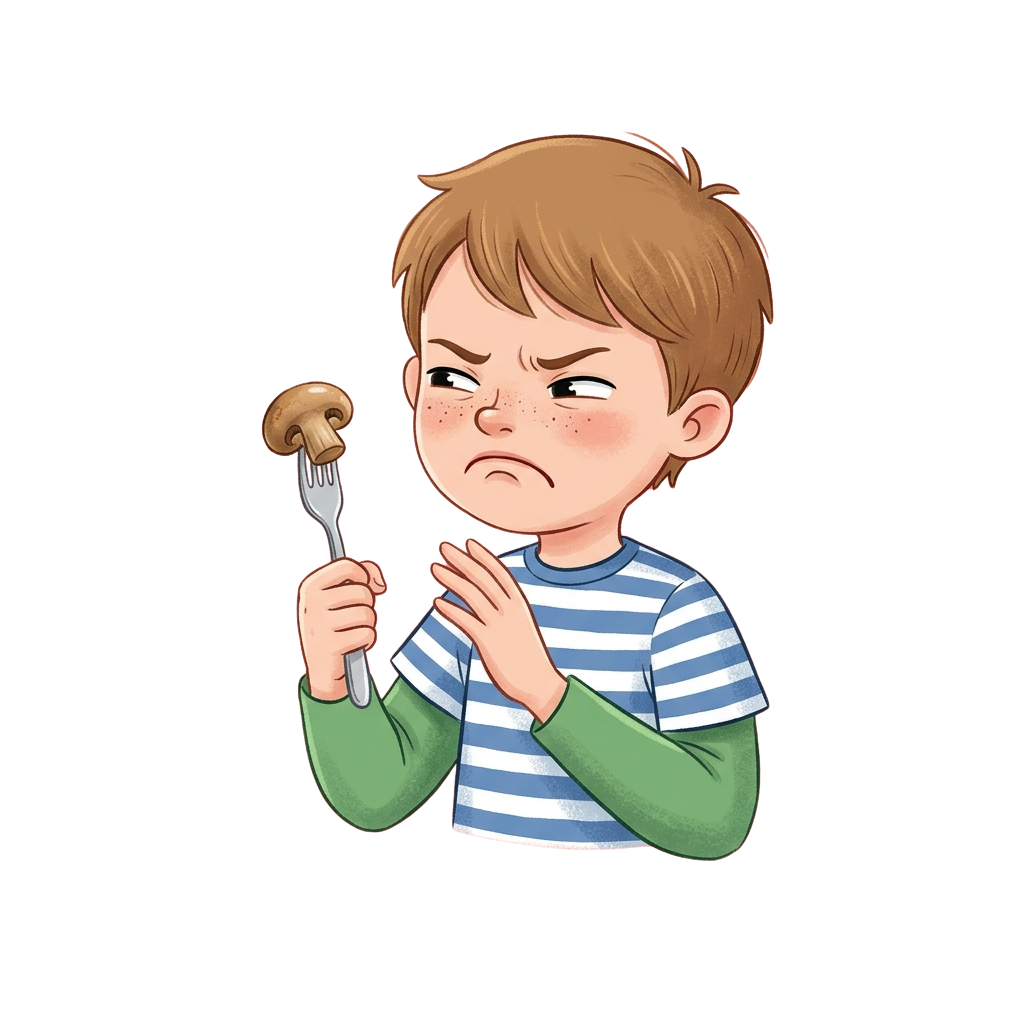 A young boy holding a fork with a mushroom, looking unhappy and reluctant to eat it