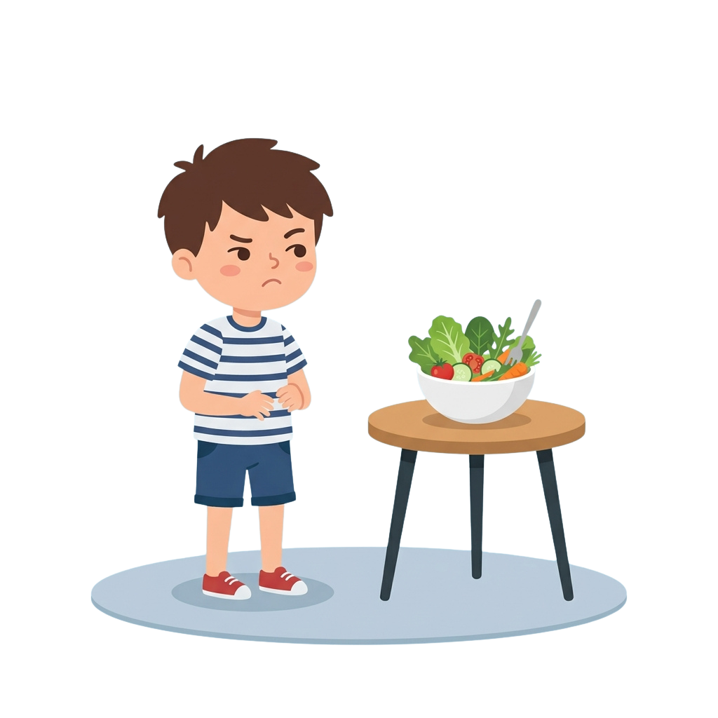 A young boy with a sad expression standing near a bowl of fresh salad on a small table