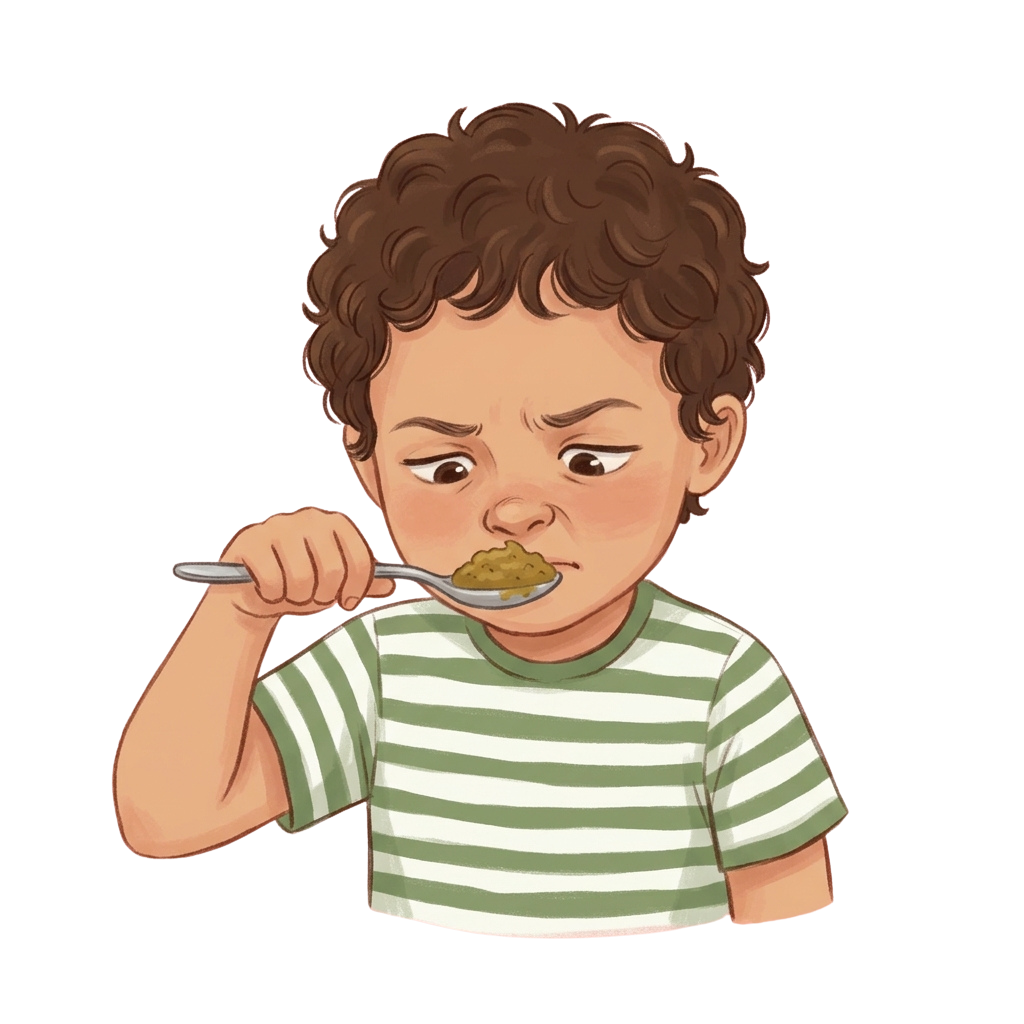 A young child eating food from a spoon with a displeased expression